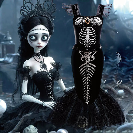 2025 Halloween Punk Skeleton Little Girls' Dress Set