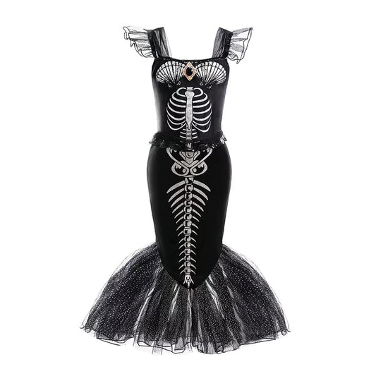 2025 Halloween Punk Skeleton Little Girls' Dress Set