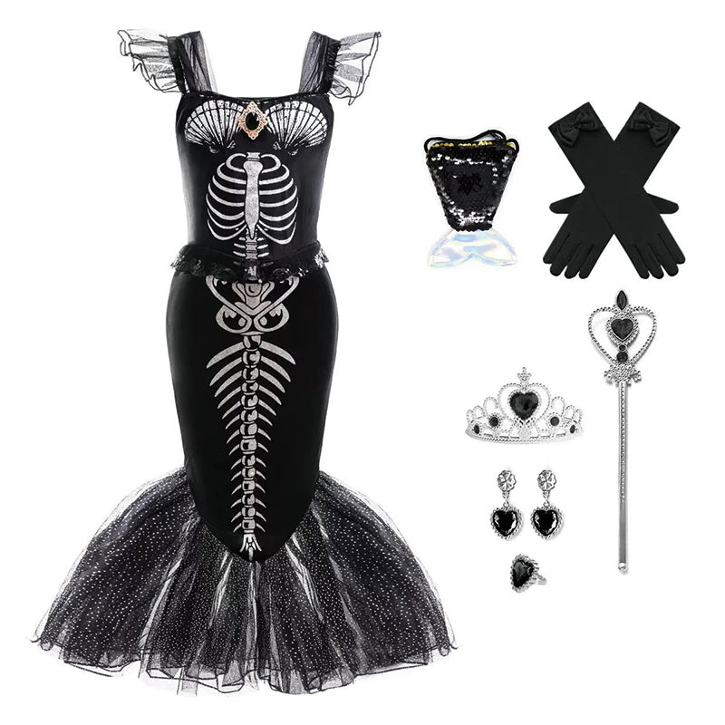2025 Halloween Punk Skeleton Little Girls' Dress Set